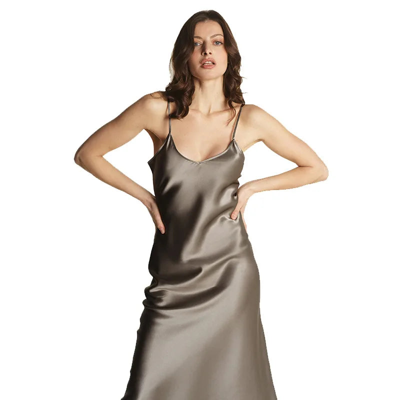 100% Mulberry Silk Women's Midi Dress Grey