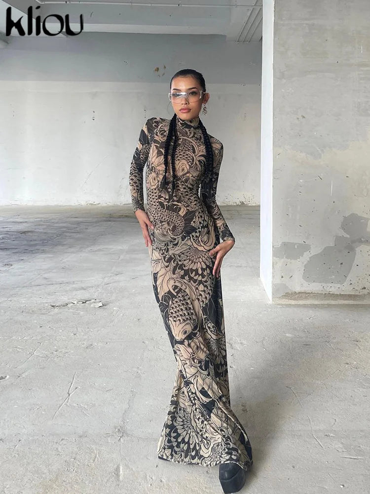 Kliou Mesh Vintage Print Maxi Dress
