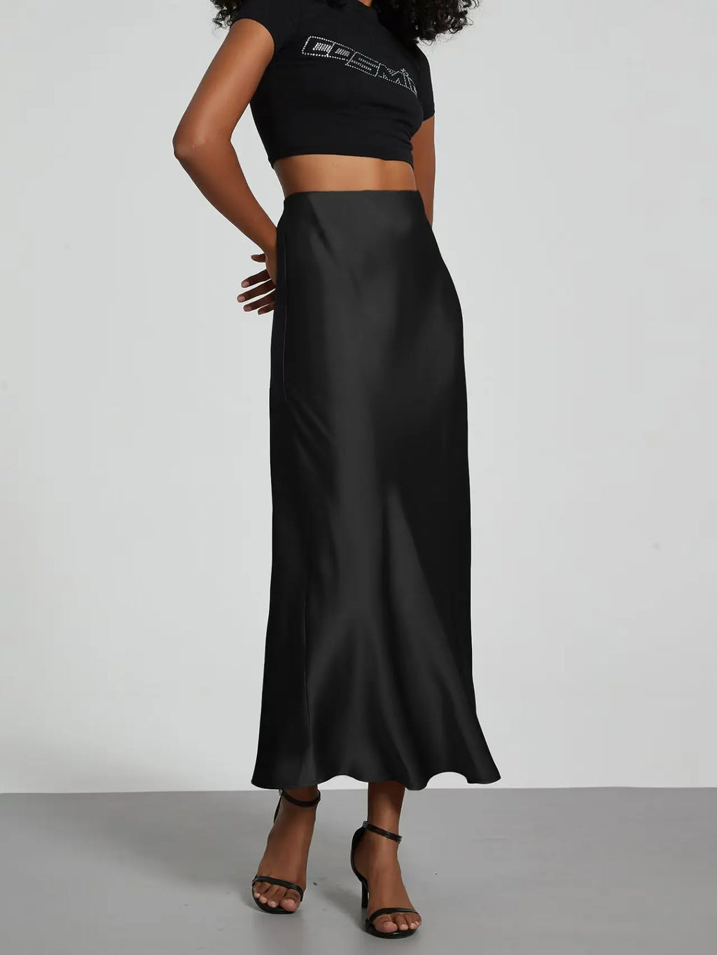 Elegant Black Satin Midi Skirt Women