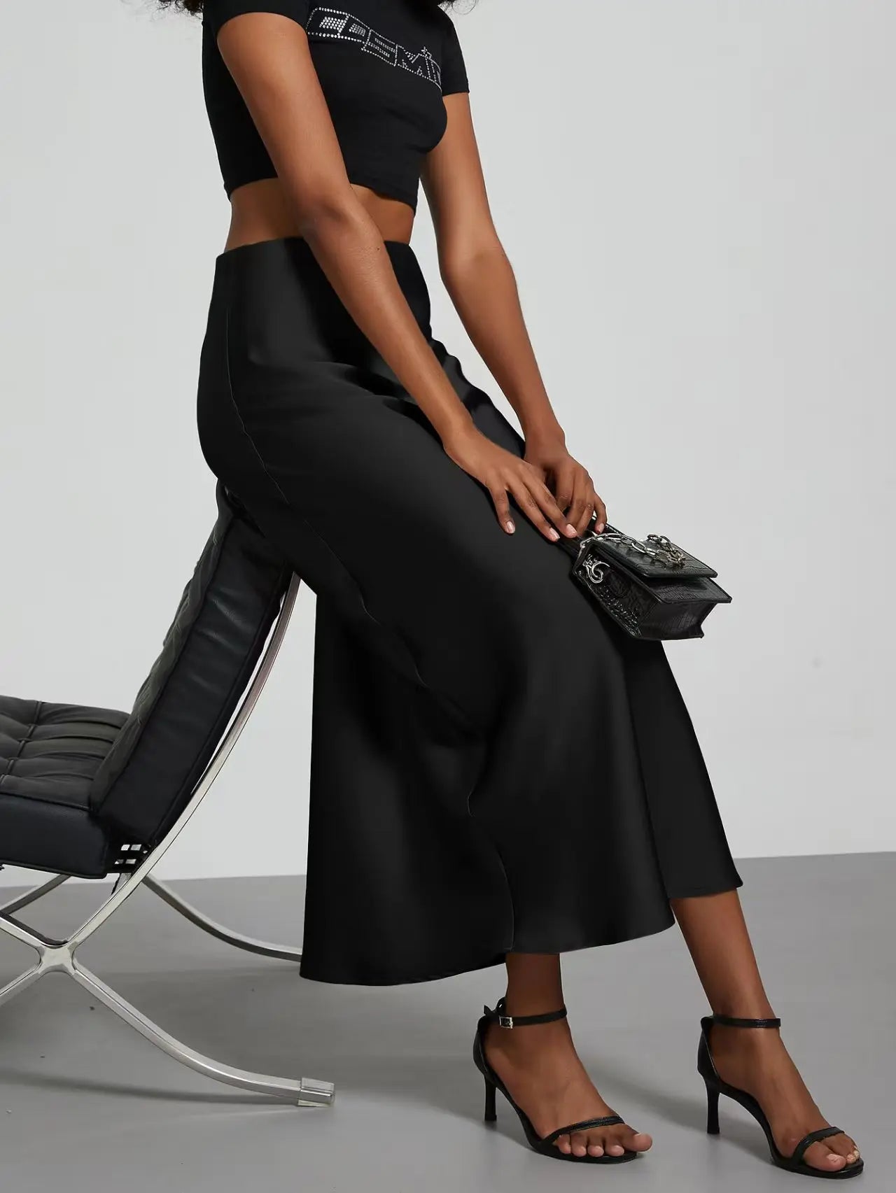 Elegant Black Satin Midi Skirt Women