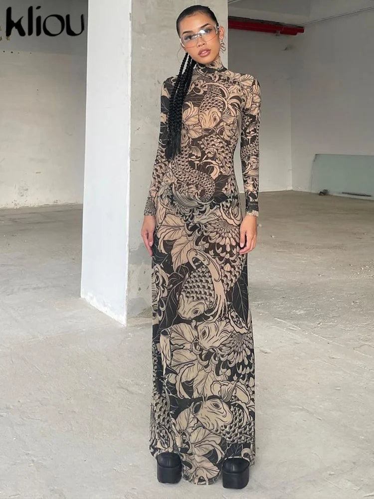 Kliou Mesh Vintage Print Maxi Dress