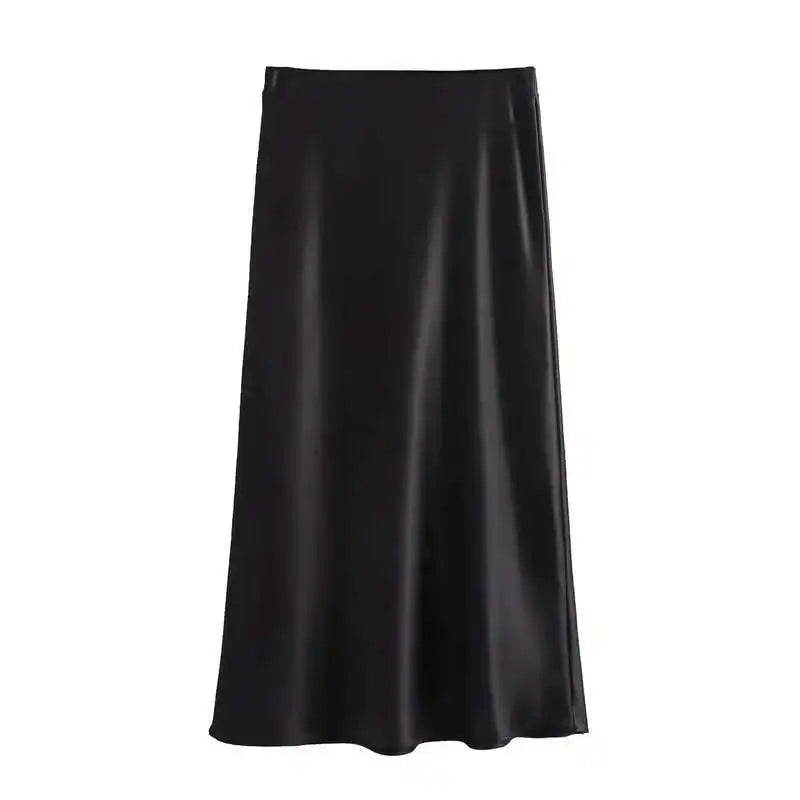 Elegant Black Satin Midi Skirt Women