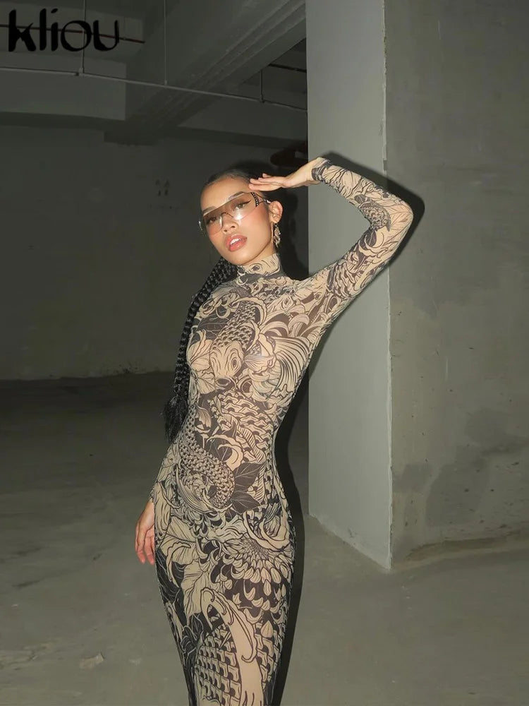 Kliou Mesh Vintage Print Maxi Dress